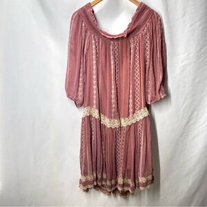 Floreat Boho Sweet Lace Peasant Embroidered  Dress Dusty Rose-Peach Gauze Large